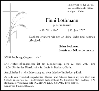 Anzeige von Finni Lothmann von Kölner Stadt-Anzeiger / Kölnische Rundschau / Express