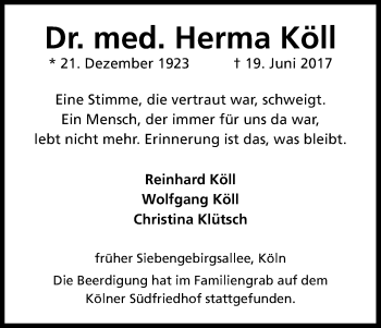 Anzeige von Herma Köll von Kölner Stadt-Anzeiger / Kölnische Rundschau / Express