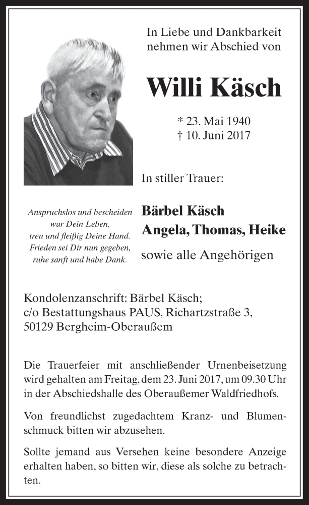  Traueranzeige für Willi Käsch vom 21.06.2017 aus  Werbepost 