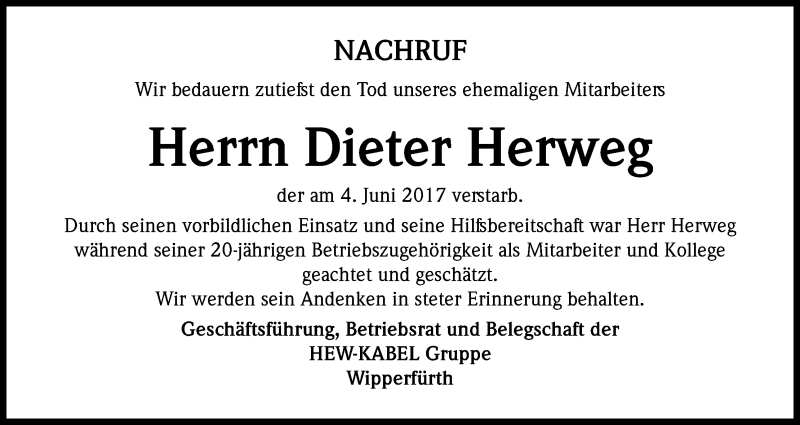  Traueranzeige für Dieter Herweg vom 24.06.2017 aus Kölner Stadt-Anzeiger / Kölnische Rundschau / Express