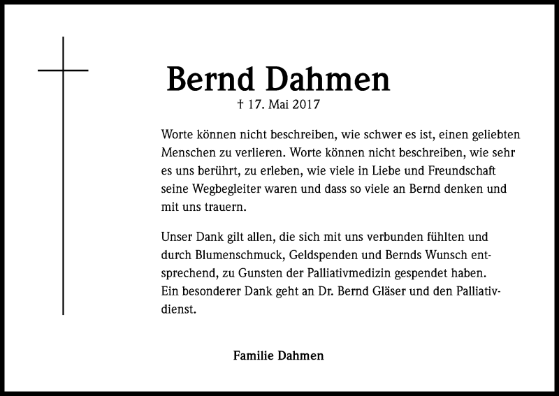  Traueranzeige für Bernd Dahmen vom 24.06.2017 aus Kölner Stadt-Anzeiger / Kölnische Rundschau / Express