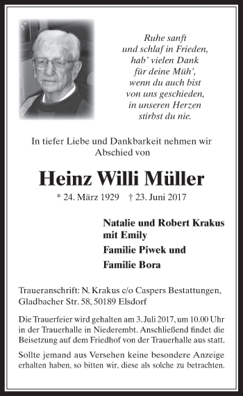 Anzeige von Heinz Willi Müller von  Werbepost 