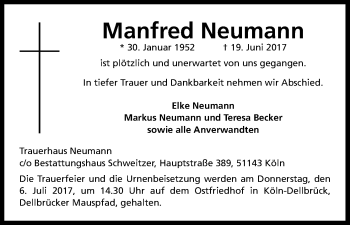 Anzeige von Manfred Neumann von Kölner Stadt-Anzeiger / Kölnische Rundschau / Express