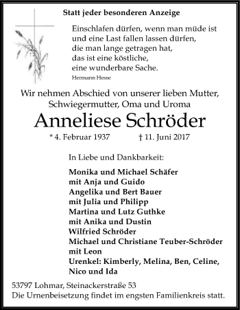 Anzeige von Anneliese Schröder von Kölner Stadt-Anzeiger / Kölnische Rundschau / Express