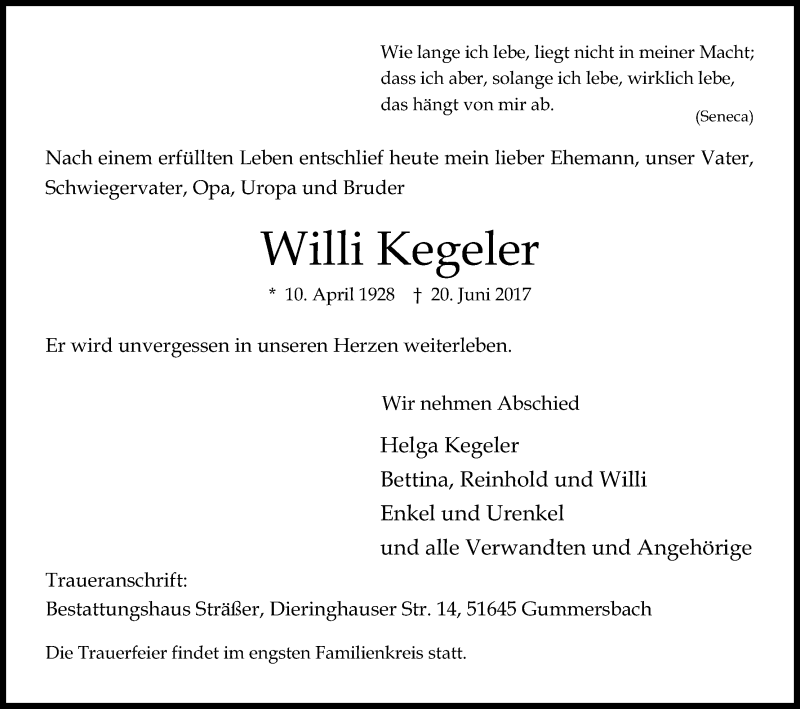  Traueranzeige für Willi Kegeler vom 23.06.2017 aus Kölner Stadt-Anzeiger / Kölnische Rundschau / Express