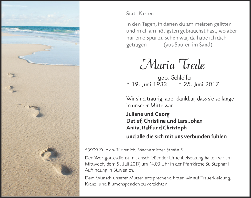  Traueranzeige für Maria Trede vom 01.07.2017 aus  Blickpunkt Euskirchen 