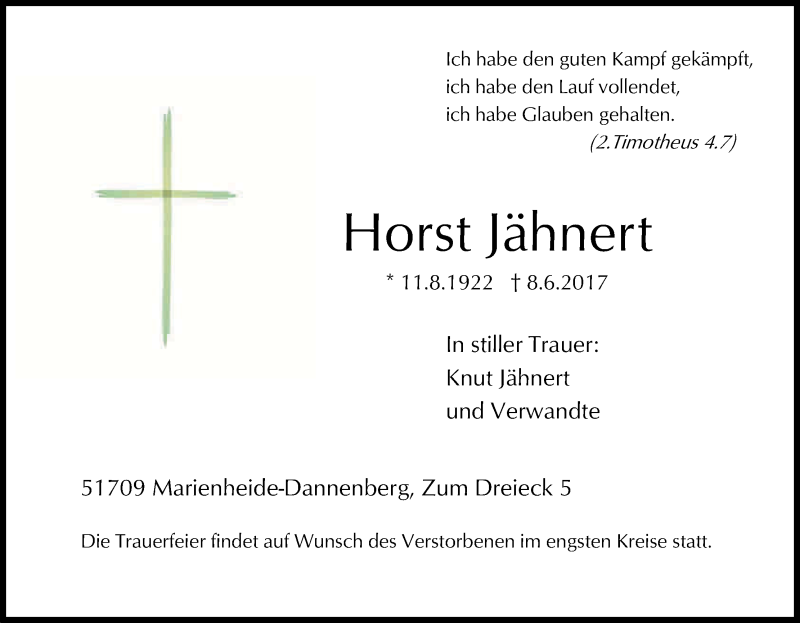  Traueranzeige für Horst Jähnert vom 13.06.2017 aus Kölner Stadt-Anzeiger / Kölnische Rundschau / Express