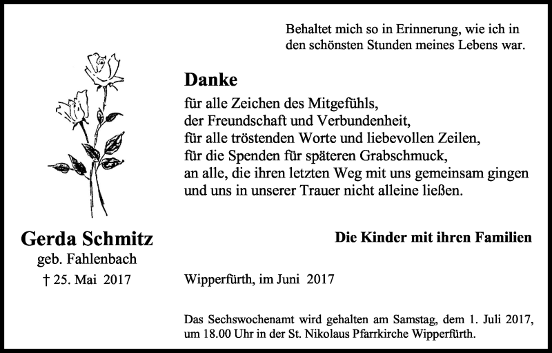  Traueranzeige für Gerda Schmitz vom 24.06.2017 aus Kölner Stadt-Anzeiger / Kölnische Rundschau / Express
