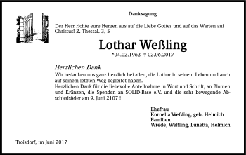 Anzeige von Lothar Weßling von Kölner Stadt-Anzeiger / Kölnische Rundschau / Express