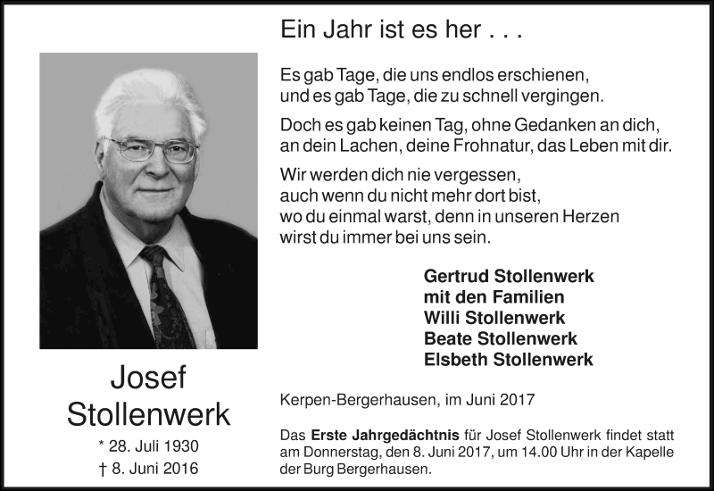  Traueranzeige für Josef Stollenwerk vom 03.06.2017 aus Kölner Stadt-Anzeiger / Kölnische Rundschau / Express