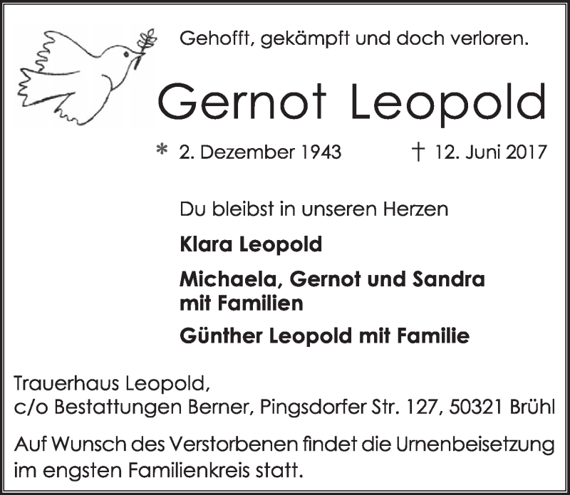 Traueranzeige für Gernot Leopold vom 21.06.2017 aus  Schlossbote/Werbekurier 