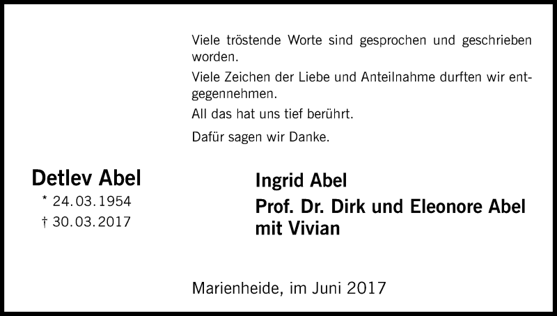  Traueranzeige für Detlev Abel vom 24.06.2017 aus Kölner Stadt-Anzeiger / Kölnische Rundschau / Express