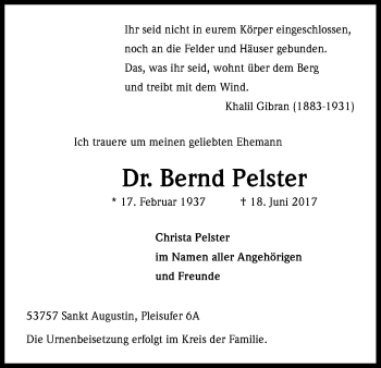 Anzeige von Bernd Pelster von Kölner Stadt-Anzeiger / Kölnische Rundschau / Express