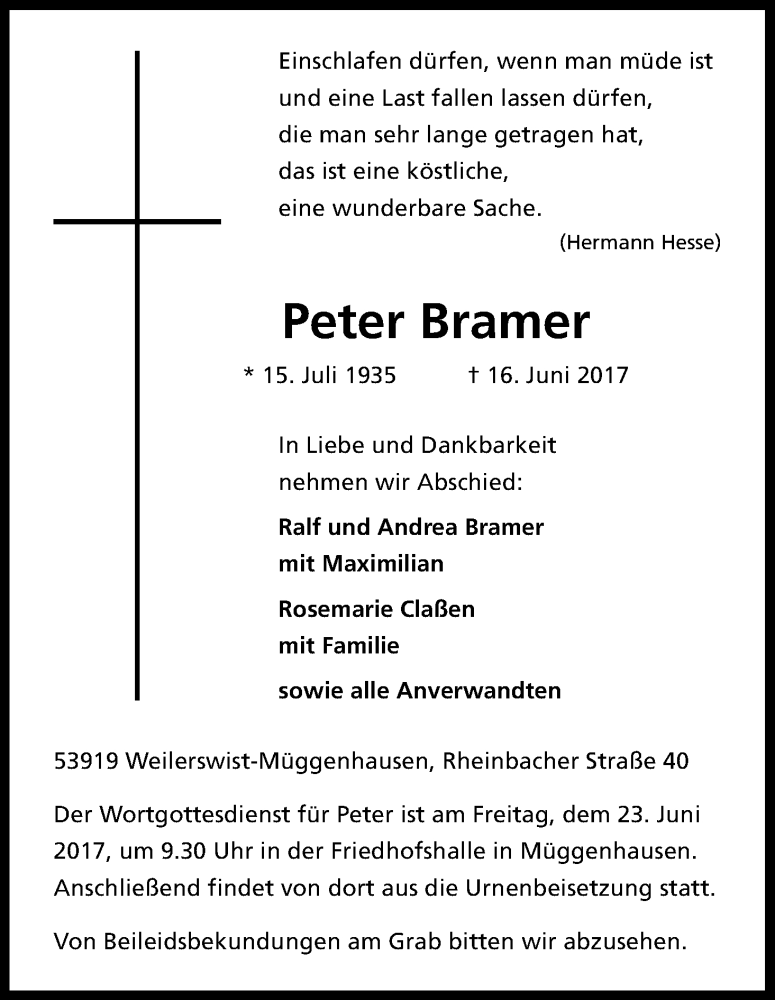  Traueranzeige für Peter Bramer vom 21.06.2017 aus Kölner Stadt-Anzeiger / Kölnische Rundschau / Express