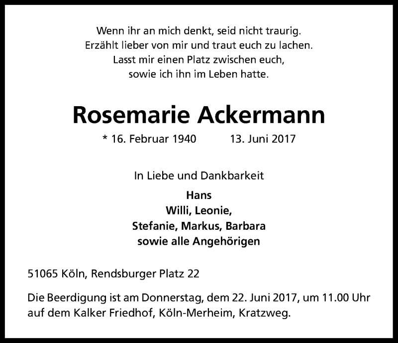  Traueranzeige für Rosemarie Ackermann vom 17.06.2017 aus Kölner Stadt-Anzeiger / Kölnische Rundschau / Express