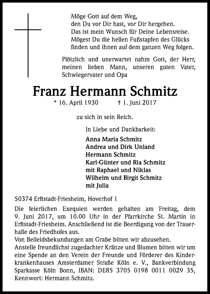  Traueranzeige für Franz Hermann Schmitz vom 06.06.2017 aus Kölner Stadt-Anzeiger / Kölnische Rundschau / Express