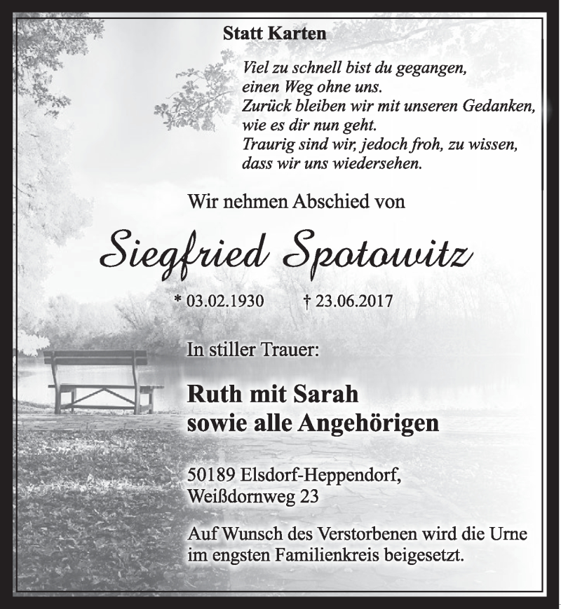  Traueranzeige für Siegfried Spotowitz vom 01.07.2017 aus  Sonntags-Post 