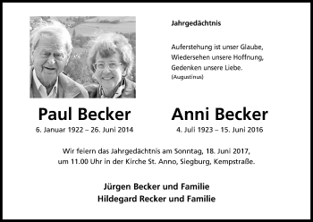 Anzeige von Paul/Anni Becker von Kölner Stadt-Anzeiger / Kölnische Rundschau / Express
