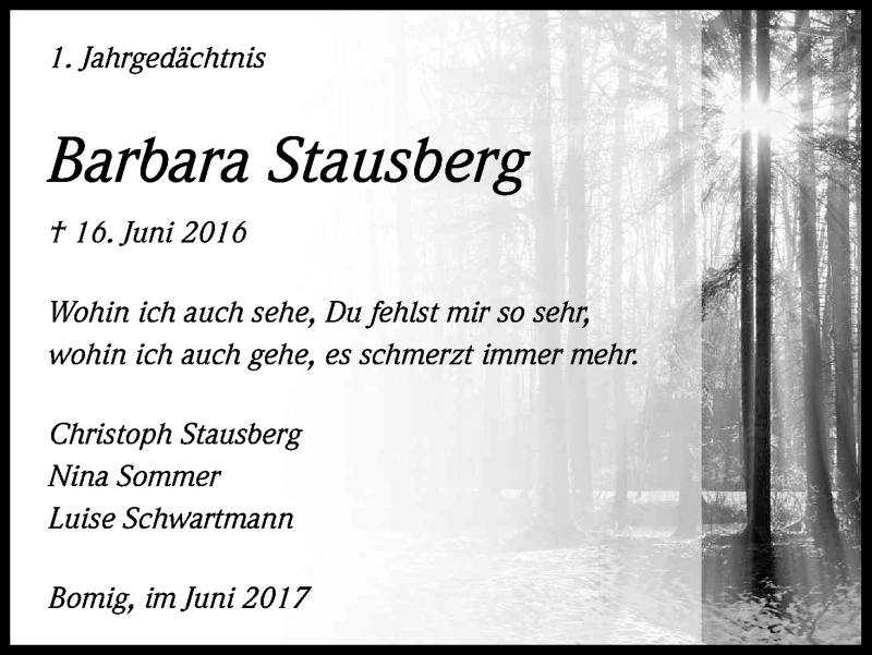  Traueranzeige für Barbara Stausberg vom 17.06.2017 aus Kölner Stadt-Anzeiger / Kölnische Rundschau / Express