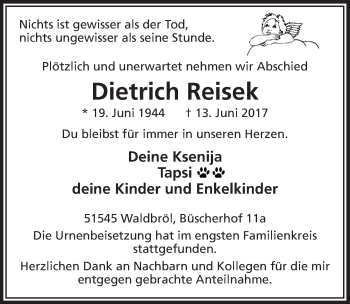 Anzeige von Dietrich Reisek von  Lokalanzeiger 