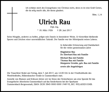 Anzeige von Ulrich Rau von Kölner Stadt-Anzeiger / Kölnische Rundschau / Express