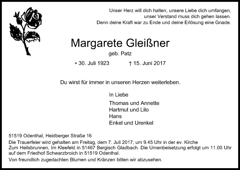 Traueranzeige für Margarete Gleißner vom 01.07.2017 aus Kölner Stadt-Anzeiger / Kölnische Rundschau / Express