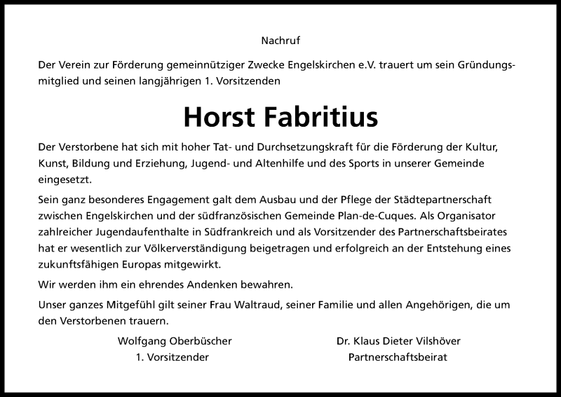  Traueranzeige für Horst Fabritius vom 17.06.2017 aus Kölner Stadt-Anzeiger / Kölnische Rundschau / Express