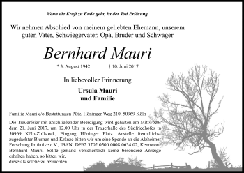 Anzeige von Bernhard Mauri von Kölner Stadt-Anzeiger / Kölnische Rundschau / Express