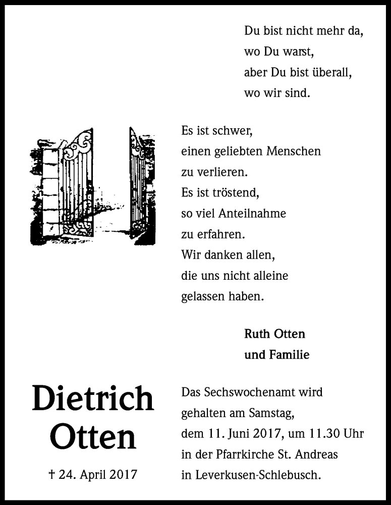  Traueranzeige für Dietrich Otten vom 10.06.2017 aus Kölner Stadt-Anzeiger / Kölnische Rundschau / Express