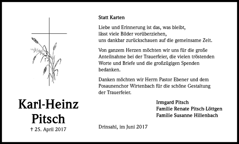  Traueranzeige für Karl-Heinz Pitsch vom 10.06.2017 aus Kölner Stadt-Anzeiger / Kölnische Rundschau / Express