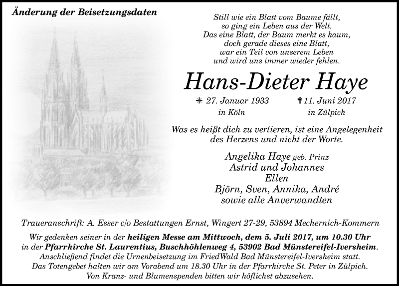  Traueranzeige für Hans-Dieter Haye vom 24.06.2017 aus  Blickpunkt Euskirchen 