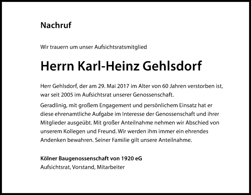  Traueranzeige für Karl-Heinz Gehlsdorf vom 17.06.2017 aus Kölner Stadt-Anzeiger / Kölnische Rundschau / Express