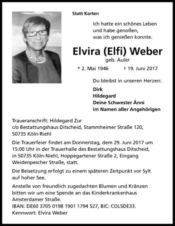 Anzeige von Elvira Elfi Weber von Kölner Stadt-Anzeiger / Kölnische Rundschau / Express