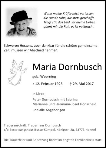 Anzeige von Maria Dornbusch von Kölner Stadt-Anzeiger / Kölnische Rundschau / Express