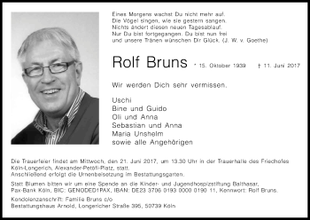 Anzeige von Rolf Bruns von Kölner Stadt-Anzeiger / Kölnische Rundschau / Express