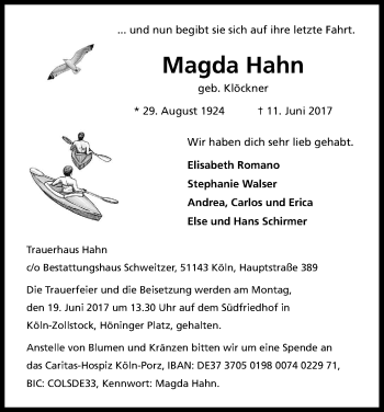 Anzeige von Magda Hahn von Kölner Stadt-Anzeiger / Kölnische Rundschau / Express