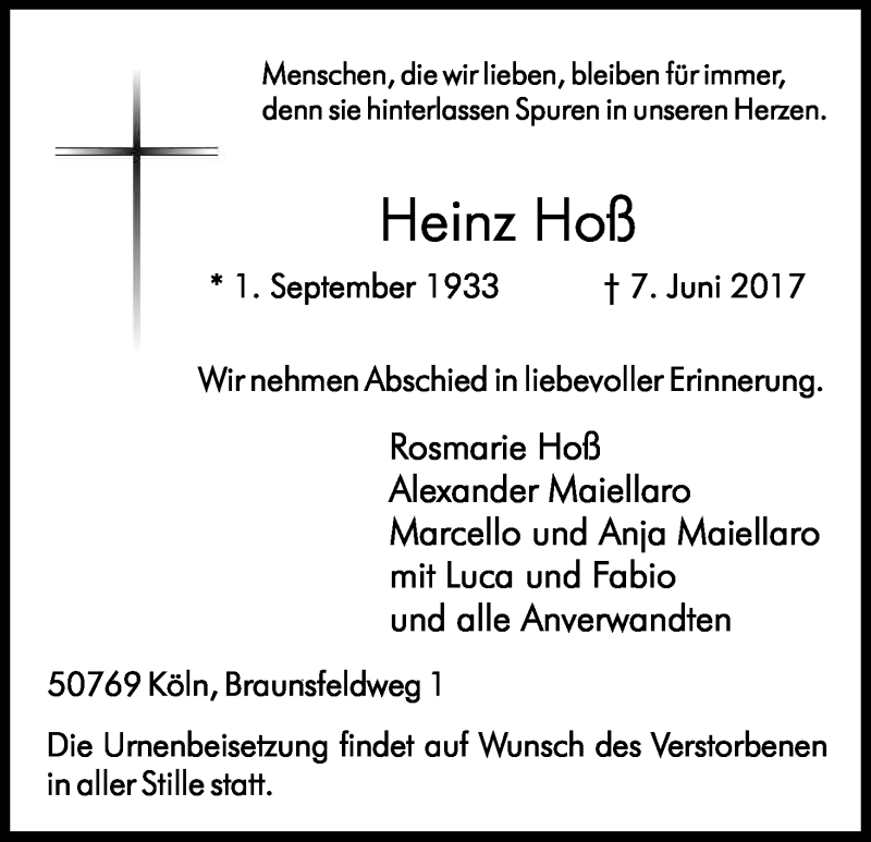  Traueranzeige für Heinz Hoß vom 24.06.2017 aus Kölner Stadt-Anzeiger / Kölnische Rundschau / Express