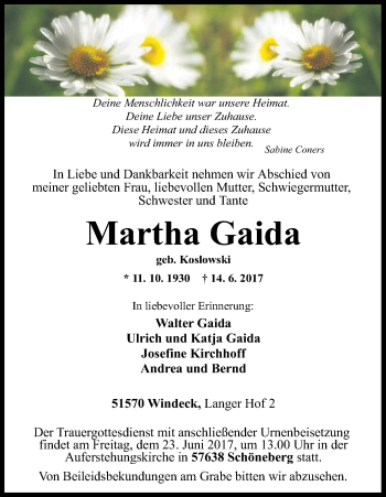 Anzeige von Martha Gaida von Kölner Stadt-Anzeiger / Kölnische Rundschau / Express