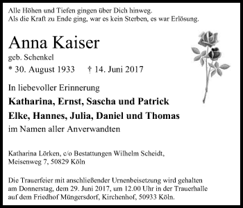 Anzeige von Anna Kaiser von Kölner Stadt-Anzeiger / Kölnische Rundschau / Express