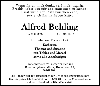 Anzeige von Alfred Behling von Kölner Stadt-Anzeiger / Kölnische Rundschau / Express