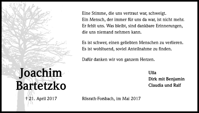  Traueranzeige für Joachim Bartetzko vom 03.06.2017 aus Kölner Stadt-Anzeiger / Kölnische Rundschau / Express
