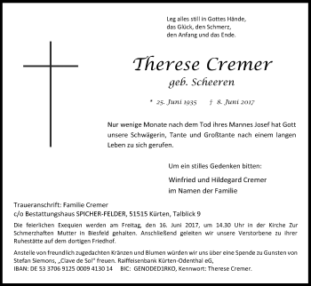 Anzeige von Therese Cremer von Kölner Stadt-Anzeiger / Kölnische Rundschau / Express