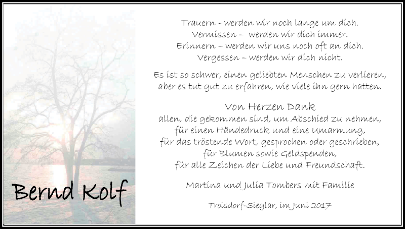  Traueranzeige für Bernd Kolf vom 24.06.2017 aus Kölner Stadt-Anzeiger / Kölnische Rundschau / Express