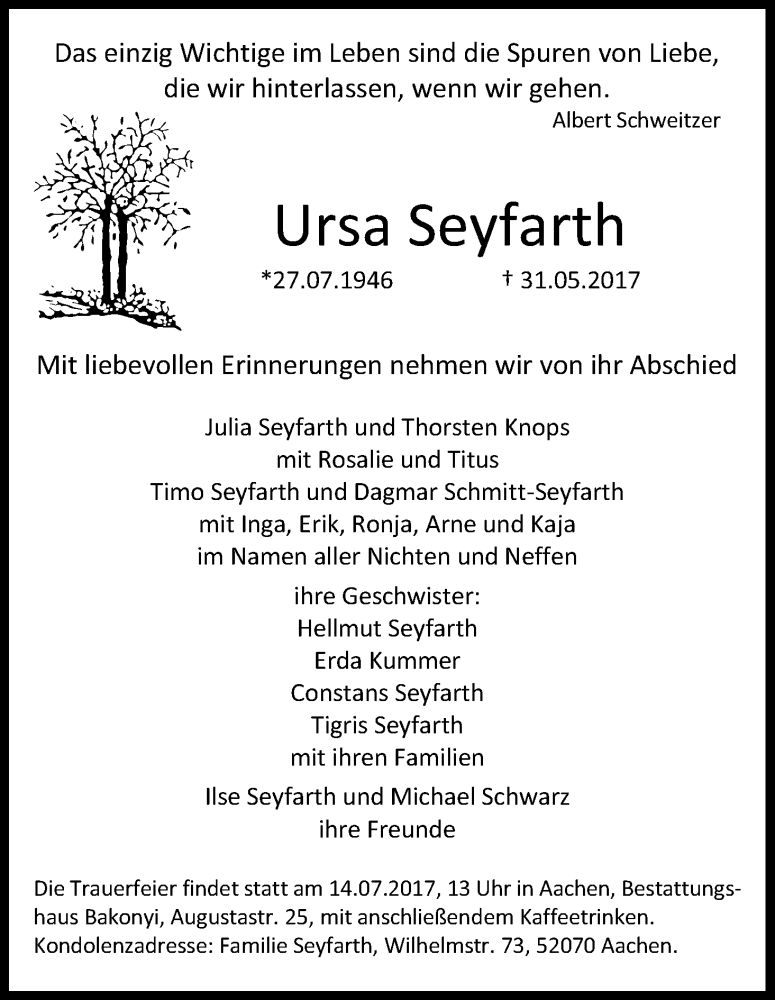  Traueranzeige für Ursa Seyfarth vom 10.06.2017 aus Kölner Stadt-Anzeiger / Kölnische Rundschau / Express