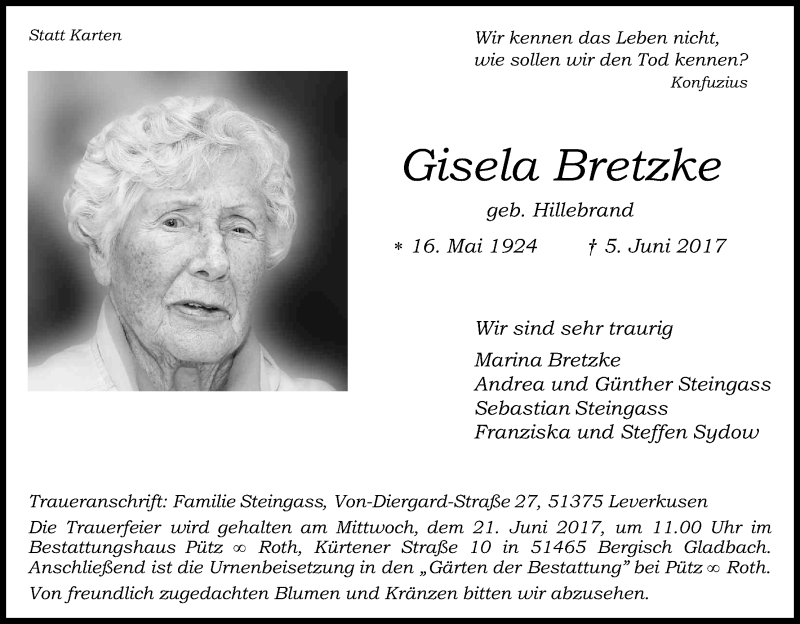  Traueranzeige für Gisela Bretzke vom 17.06.2017 aus Kölner Stadt-Anzeiger / Kölnische Rundschau / Express