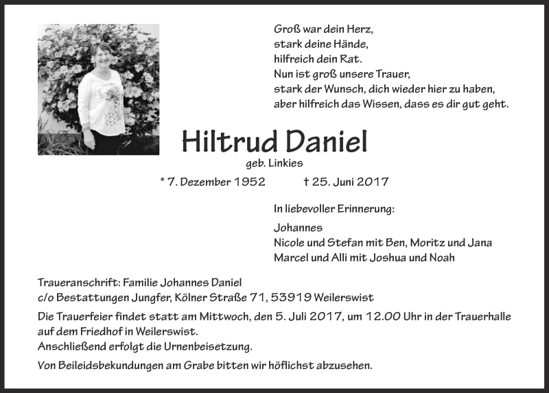  Traueranzeige für Hiltrud Daniel vom 01.07.2017 aus  Blickpunkt Euskirchen 