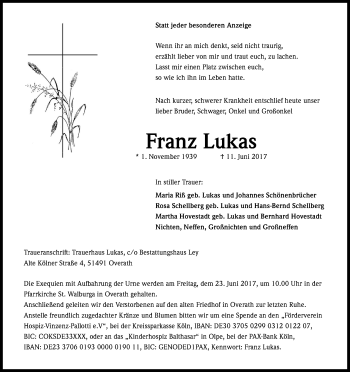 Anzeige von Franz Lukas von Kölner Stadt-Anzeiger / Kölnische Rundschau / Express