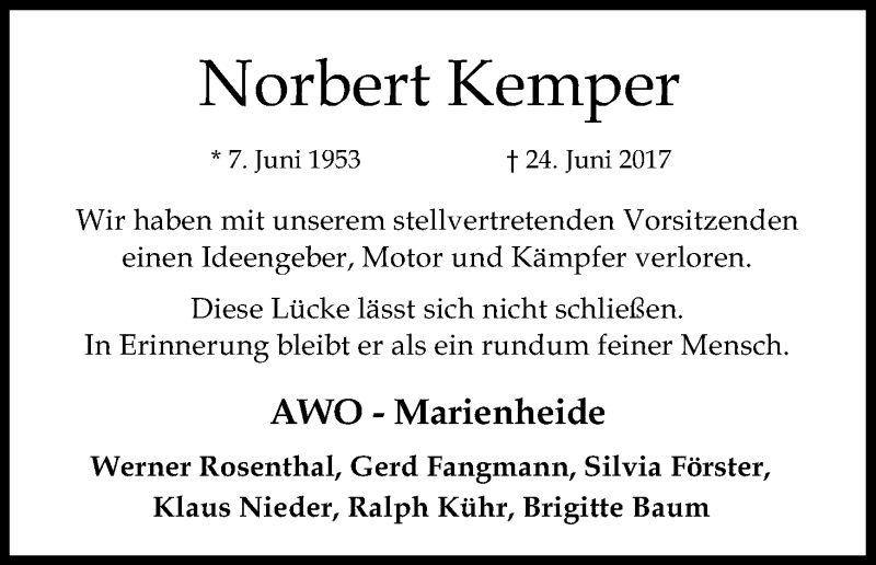  Traueranzeige für Norbert Kemper vom 30.06.2017 aus Kölner Stadt-Anzeiger / Kölnische Rundschau / Express