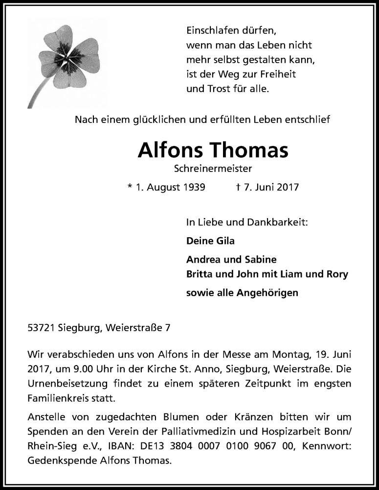  Traueranzeige für Alfons Thomas vom 14.06.2017 aus Kölner Stadt-Anzeiger / Kölnische Rundschau / Express