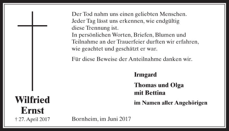  Traueranzeige für Wilfried Ernst vom 21.06.2017 aus  Schaufenster/Blickpunkt 